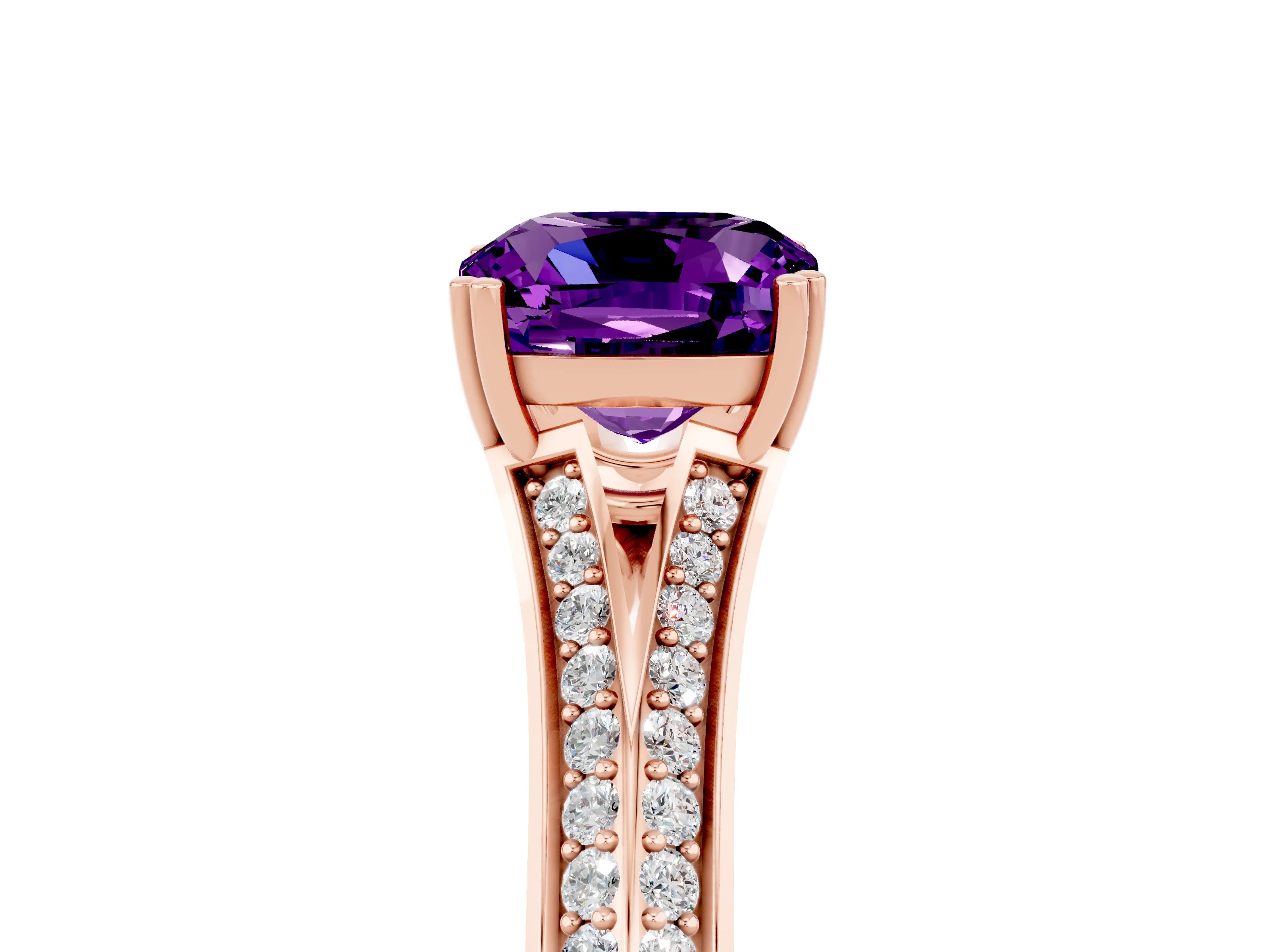 Rose gold Cushion Cut Amethyst Split Shank Engagement Ring with Pavé Band_5