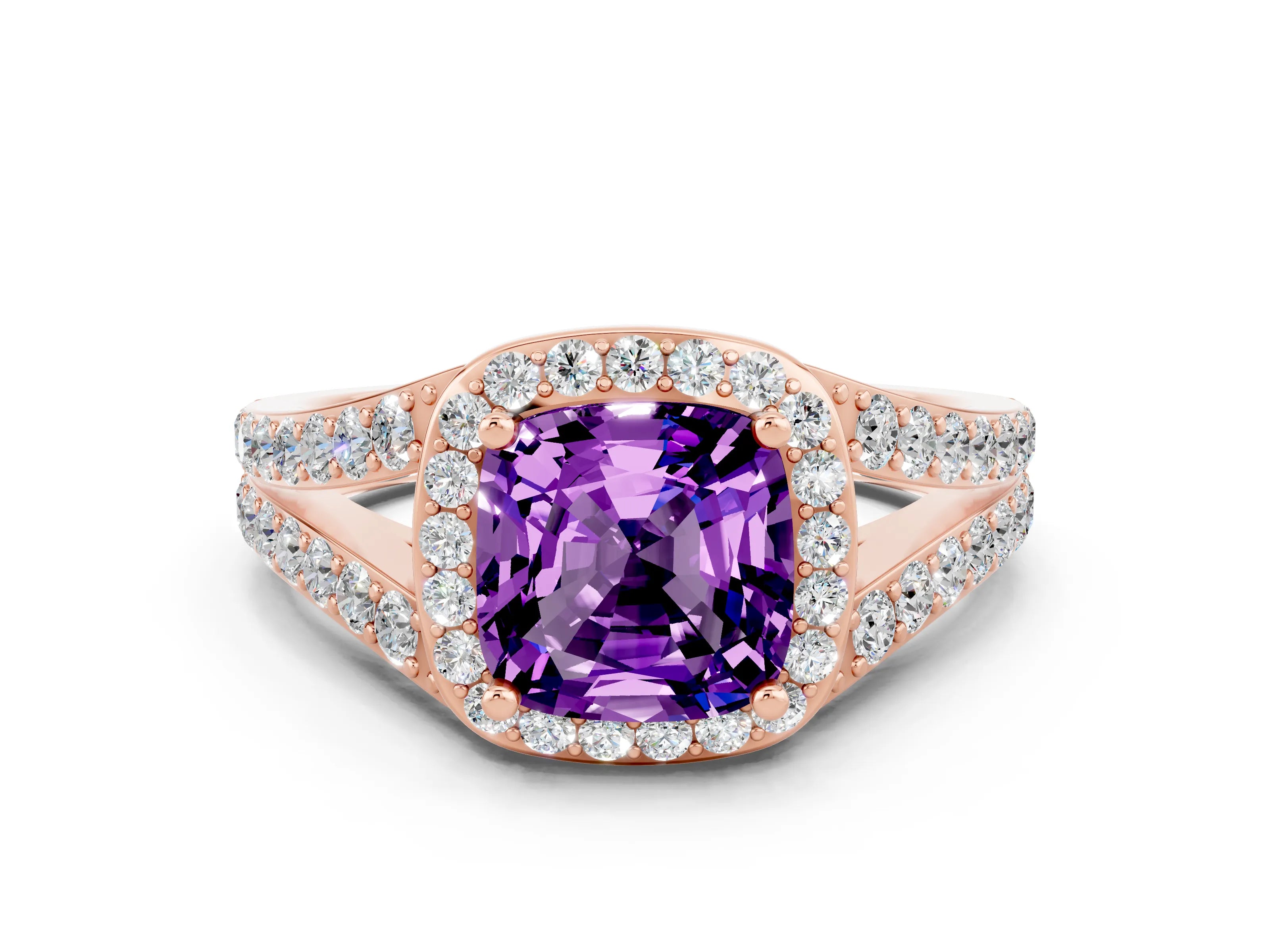 Rose gold Cushion Cut Amethyst Split Shank Halo Ring with Four-Prong Setting_12