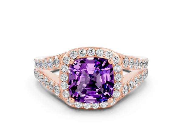 Rose gold Cushion Cut Amethyst Split Shank Halo Ring with Four-Prong Setting