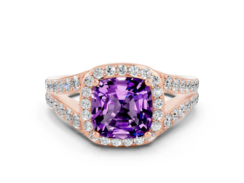 Rose gold Cushion Cut Amethyst Split Shank Halo Ring with Four-Prong Setting_12