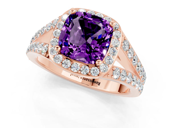 Rose gold Cushion Cut Amethyst Split Shank Halo Ring with Four-Prong Setting