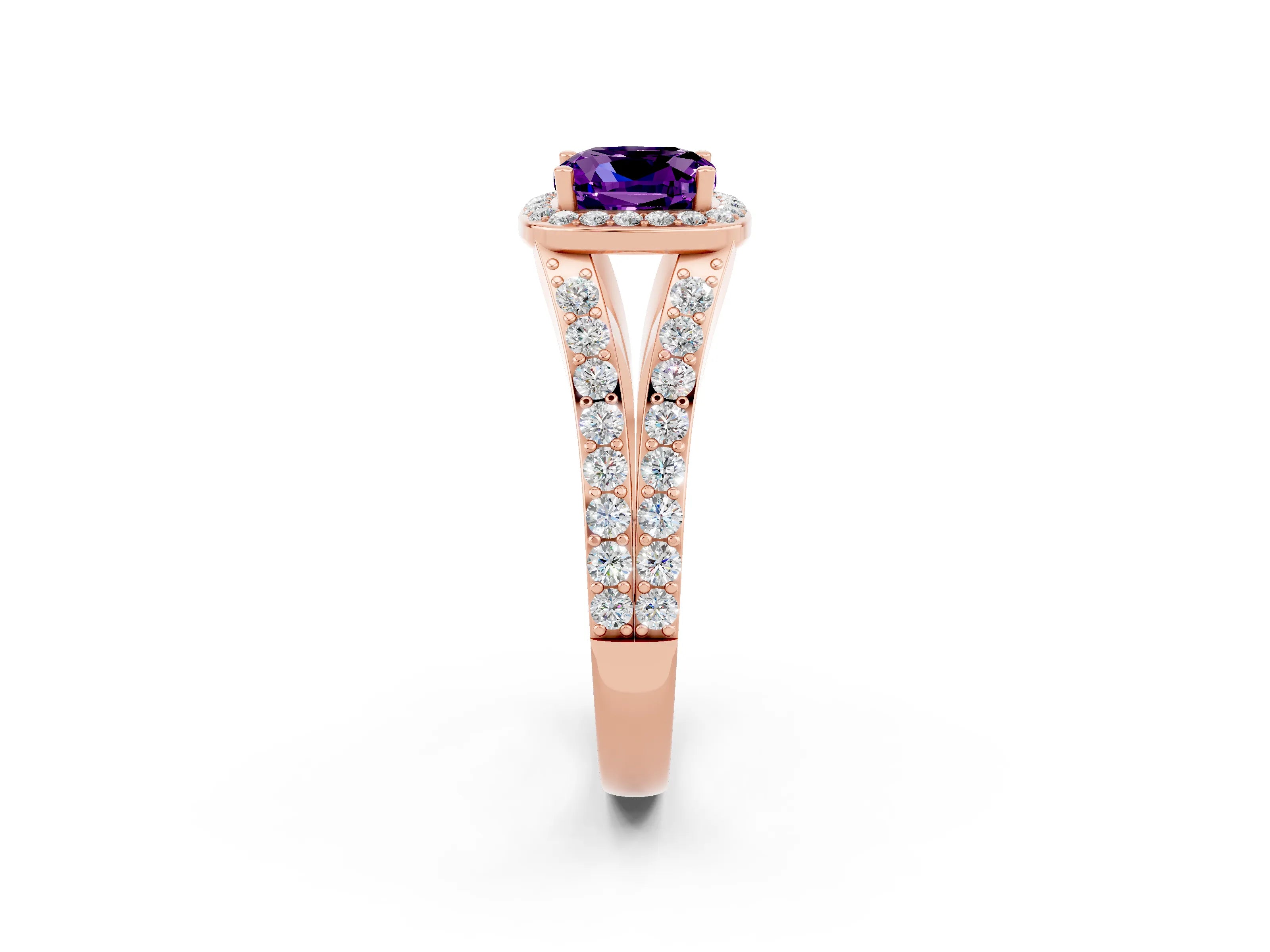 Rose gold Cushion Cut Amethyst Split Shank Halo Ring with Four-Prong Setting_14