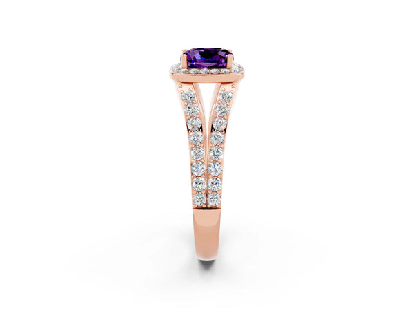 Rose gold Cushion Cut Amethyst Split Shank Halo Ring with Four-Prong Setting