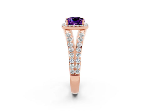 Rose gold Cushion Cut Amethyst Split Shank Halo Ring with Four-Prong Setting_14