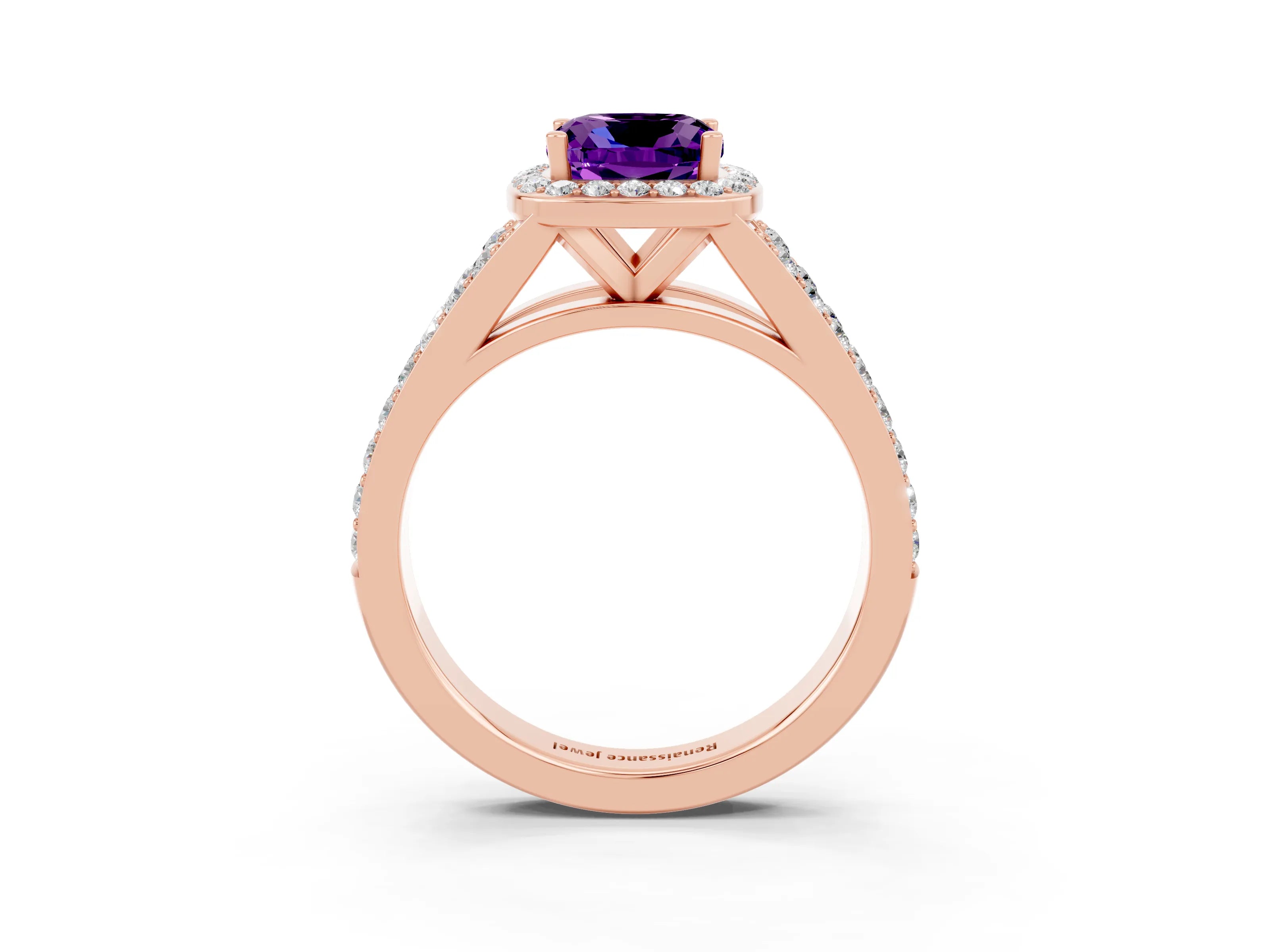 Rose gold Cushion Cut Amethyst Split Shank Halo Ring with Four-Prong Setting_15