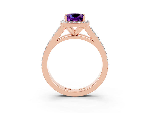 Rose gold Cushion Cut Amethyst Split Shank Halo Ring with Four-Prong Setting