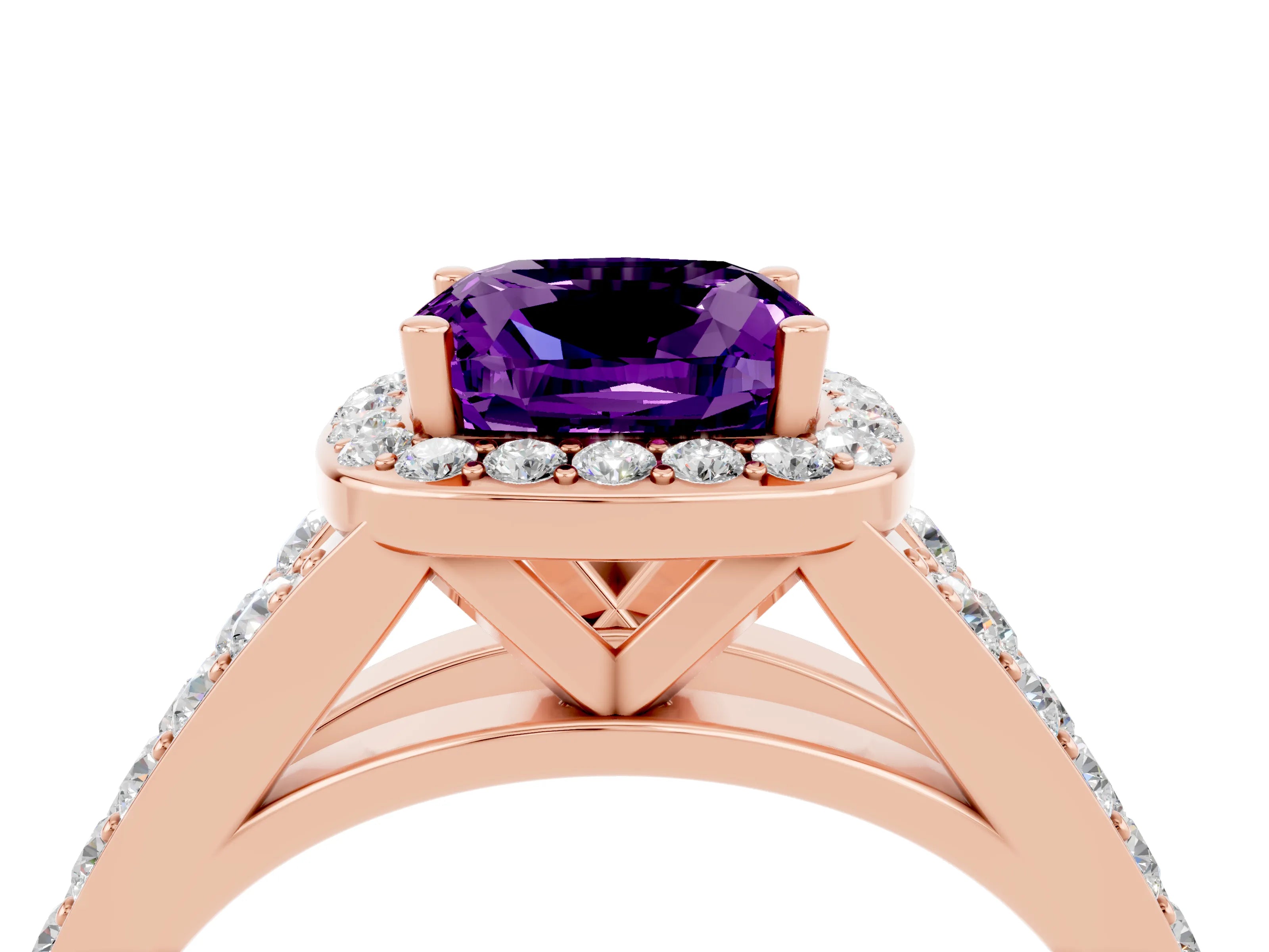 Rose gold Cushion Cut Amethyst Split Shank Halo Ring with Four-Prong Setting_16