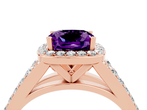 Rose gold Cushion Cut Amethyst Split Shank Halo Ring with Four-Prong Setting_16