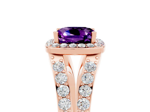 Rose gold Cushion Cut Amethyst Split Shank Halo Ring with Four-Prong Setting_17