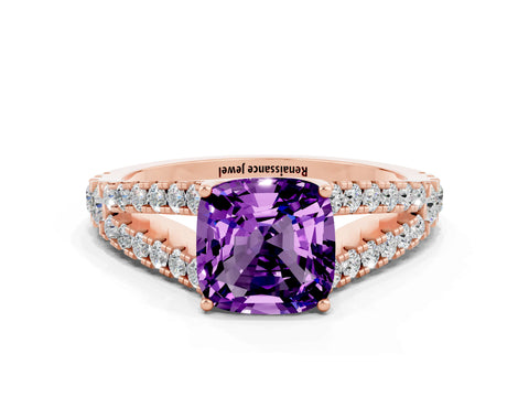 Rose gold Cushion Cut Amethyst Split Shank Pavé Engagement Ring with Four-Prong Setting_12