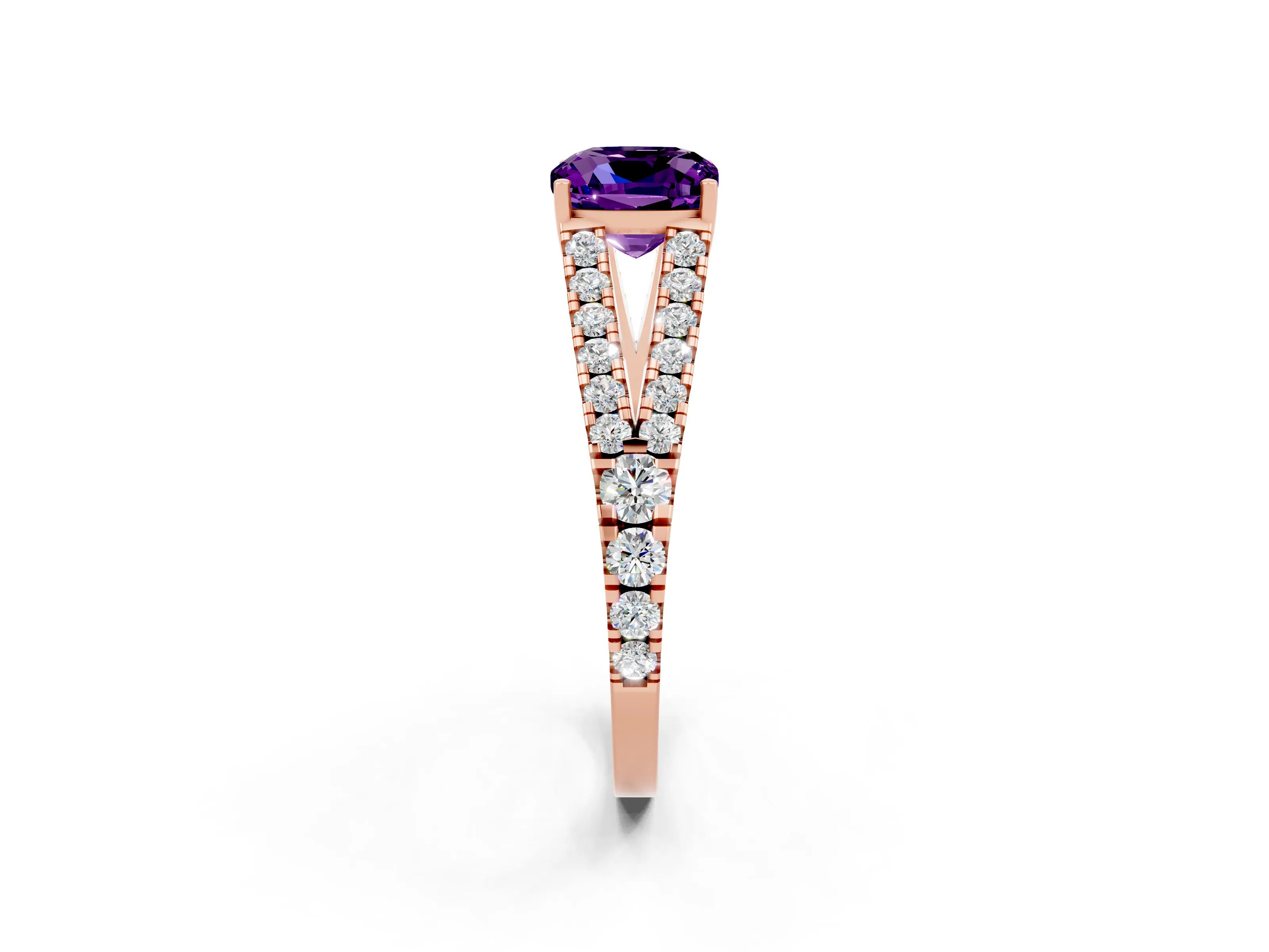 Rose gold Cushion Cut Amethyst Split Shank Pavé Engagement Ring with Four-Prong Setting_14