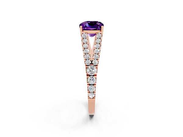 Rose gold Cushion Cut Amethyst Split Shank Pavé Engagement Ring with Four-Prong Setting