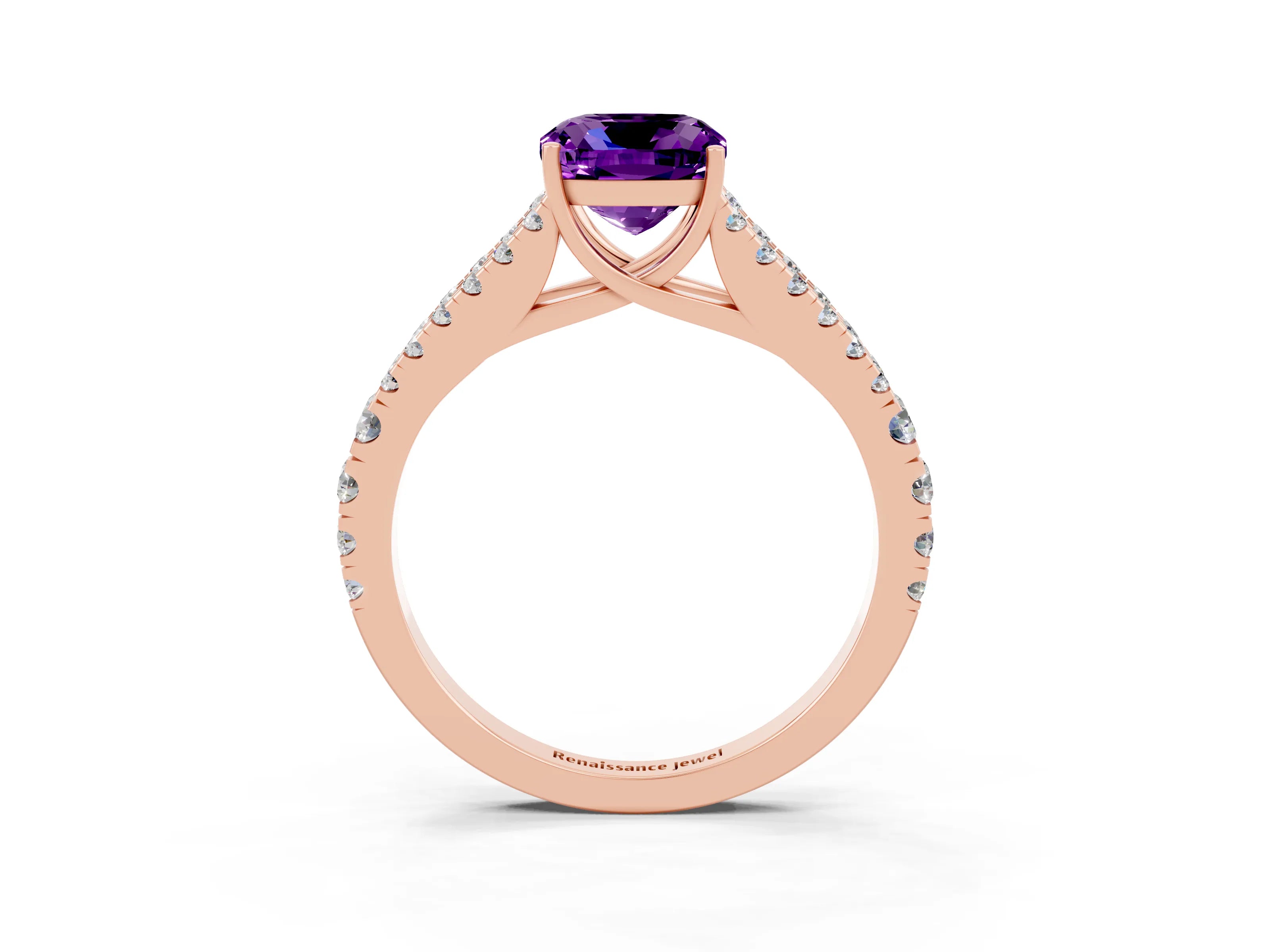 Rose gold Cushion Cut Amethyst Split Shank Pavé Engagement Ring with Four-Prong Setting_15