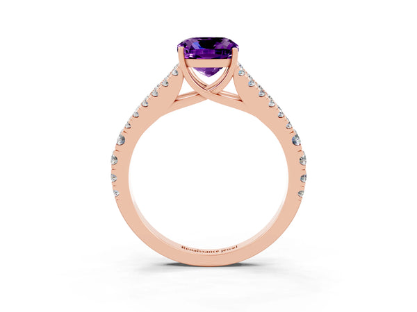 Rose gold Cushion Cut Amethyst Split Shank Pavé Engagement Ring with Four-Prong Setting