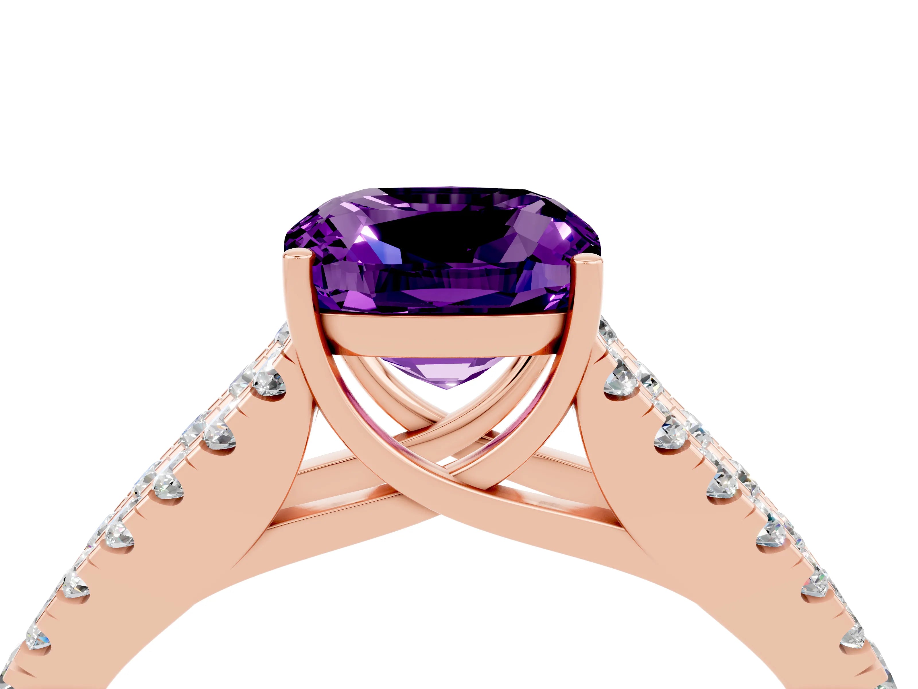 Rose gold Cushion Cut Amethyst Split Shank Pavé Engagement Ring with Four-Prong Setting_16