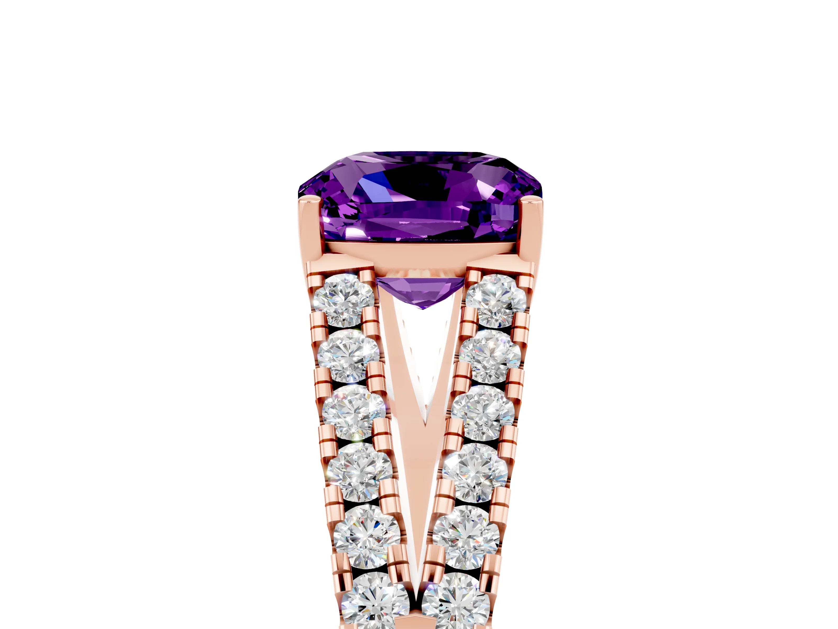 Rose gold Cushion Cut Amethyst Split Shank Pavé Engagement Ring with Four-Prong Setting_17