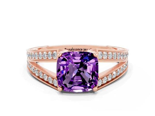Rose gold Cushion Cut Amethyst Split Shank Ring with Pavé Band and Four-Prong Setting
