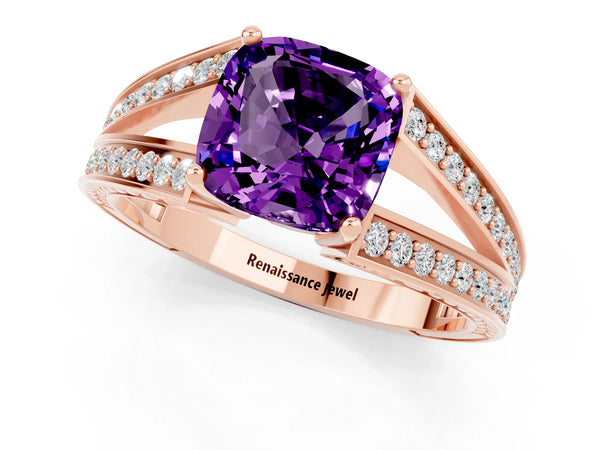 Rose gold Cushion Cut Amethyst Split Shank Ring with Pavé Band and Four-Prong Setting