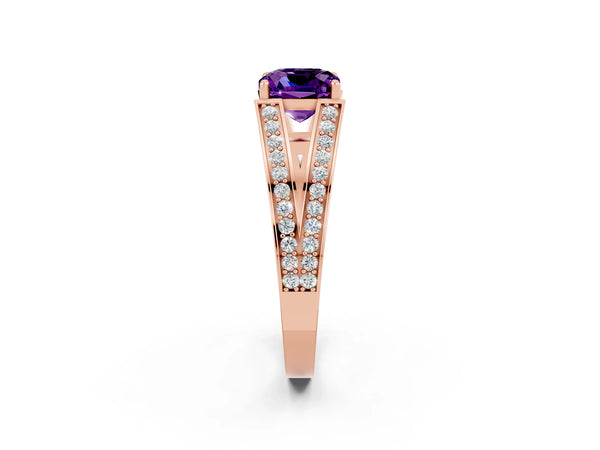 Rose gold Cushion Cut Amethyst Split Shank Ring with Pavé Band and Four-Prong Setting