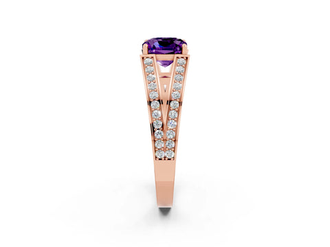 Rose gold Cushion Cut Amethyst Split Shank Ring with Pavé Band and Four-Prong Setting_2