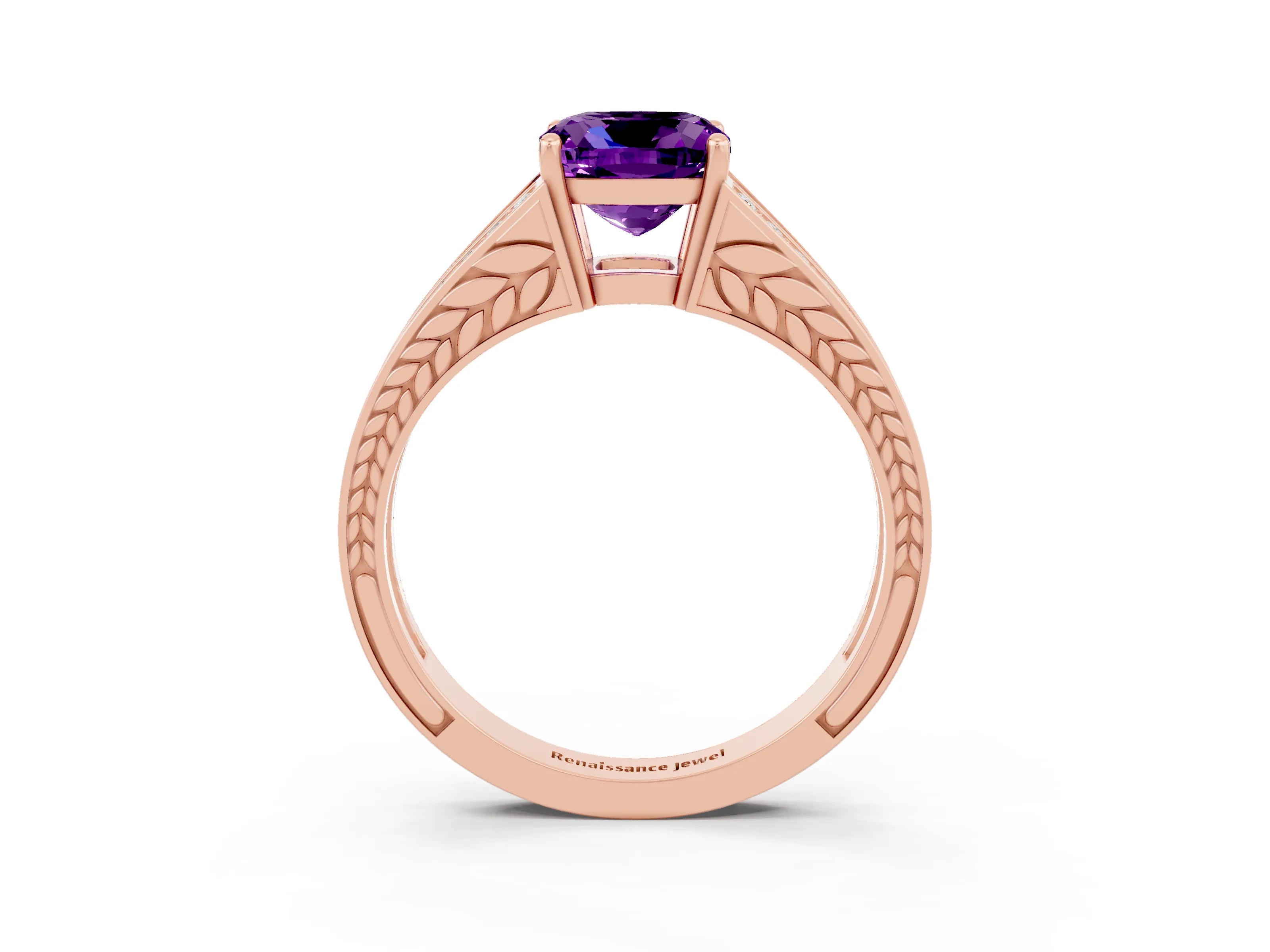 Rose gold Cushion Cut Amethyst Split Shank Ring with Pavé Band and Four-Prong Setting_3