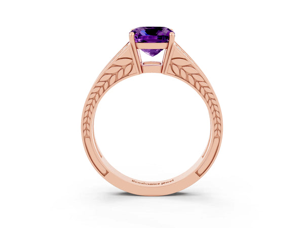 Rose gold Cushion Cut Amethyst Split Shank Ring with Pavé Band and Four-Prong Setting