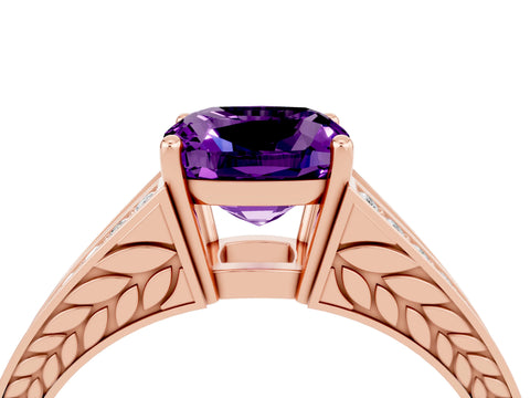 Rose gold Cushion Cut Amethyst Split Shank Ring with Pavé Band and Four-Prong Setting_4