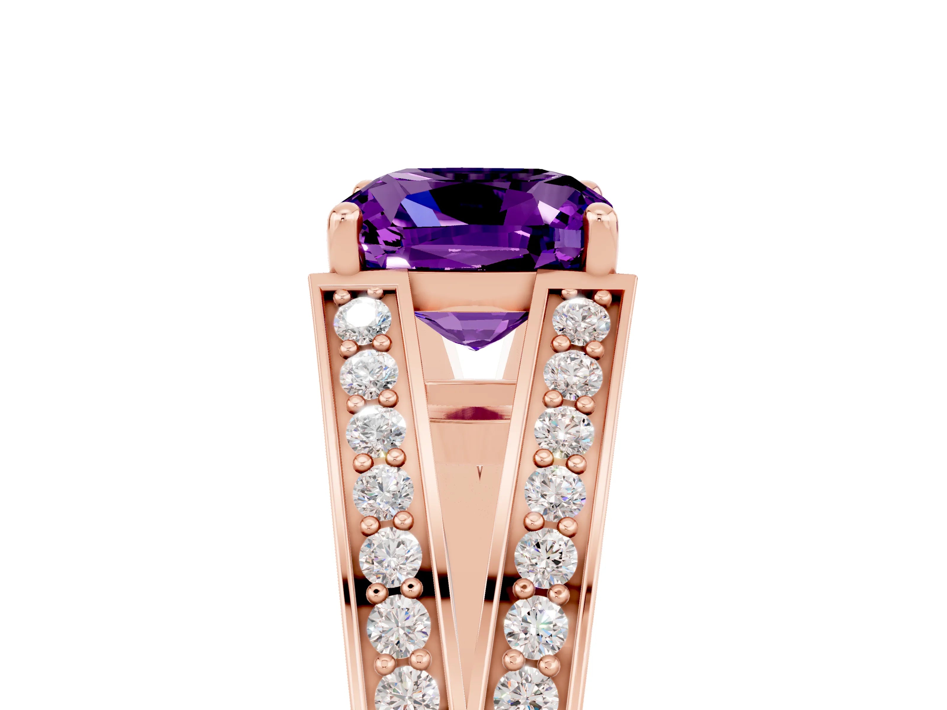 Rose gold Cushion Cut Amethyst Split Shank Ring with Pavé Band and Four-Prong Setting_5