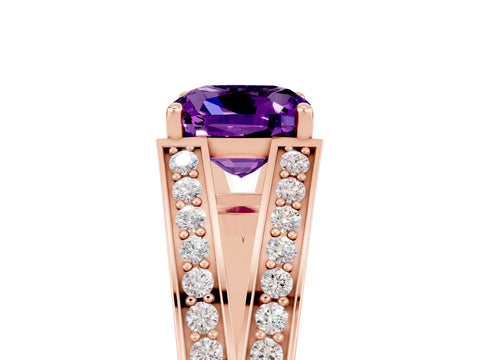 Rose gold Cushion Cut Amethyst Split Shank Ring with Pavé Band and Four-Prong Setting_5