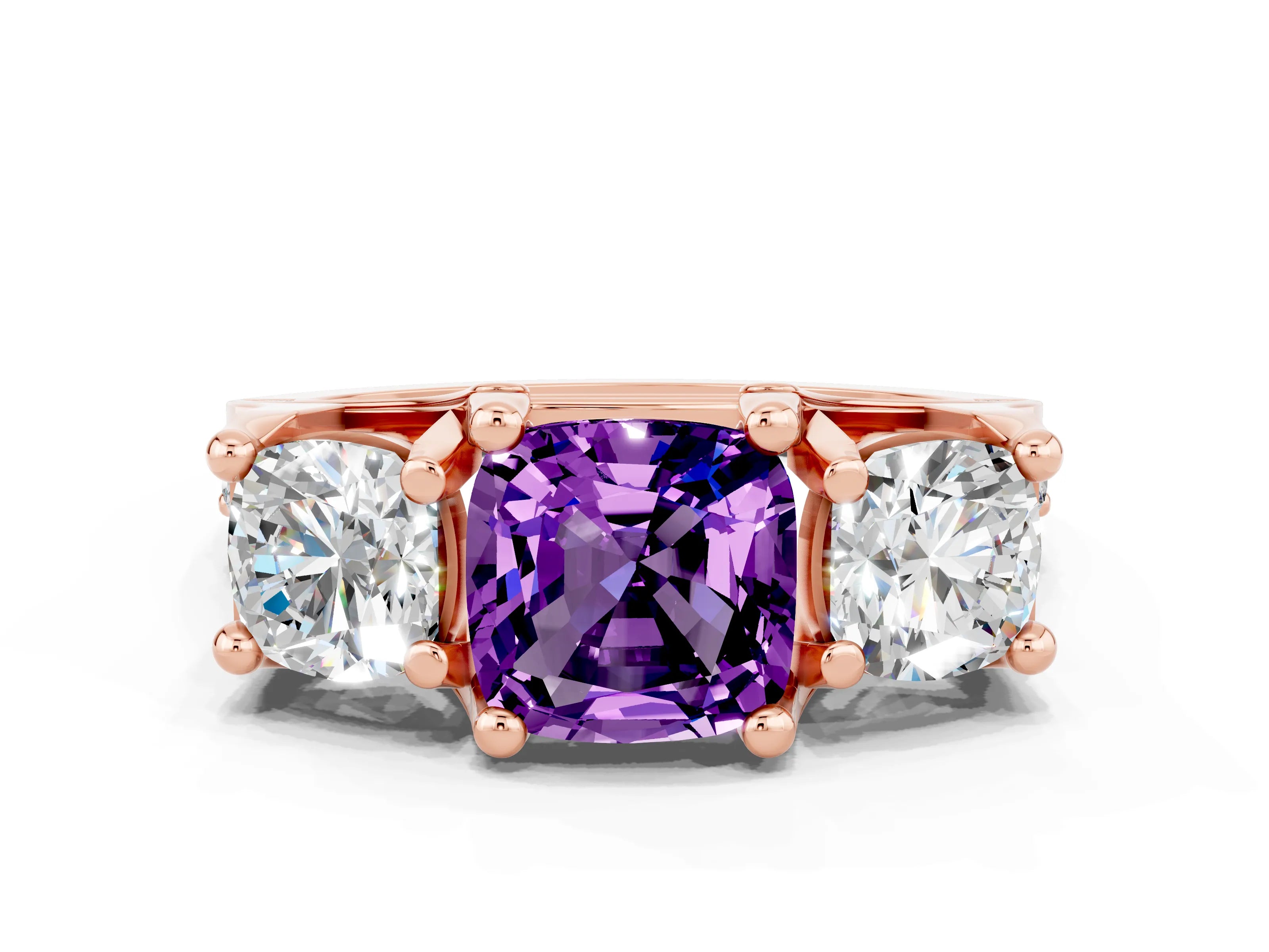 Rose gold Cushion Cut Amethyst Three-Stone Ring with Channel Set Band and Four-Prong Setting