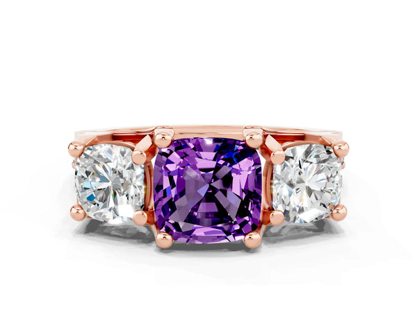 Rose gold Cushion Cut Amethyst Three-Stone Ring with Channel Set Band and Four-Prong Setting