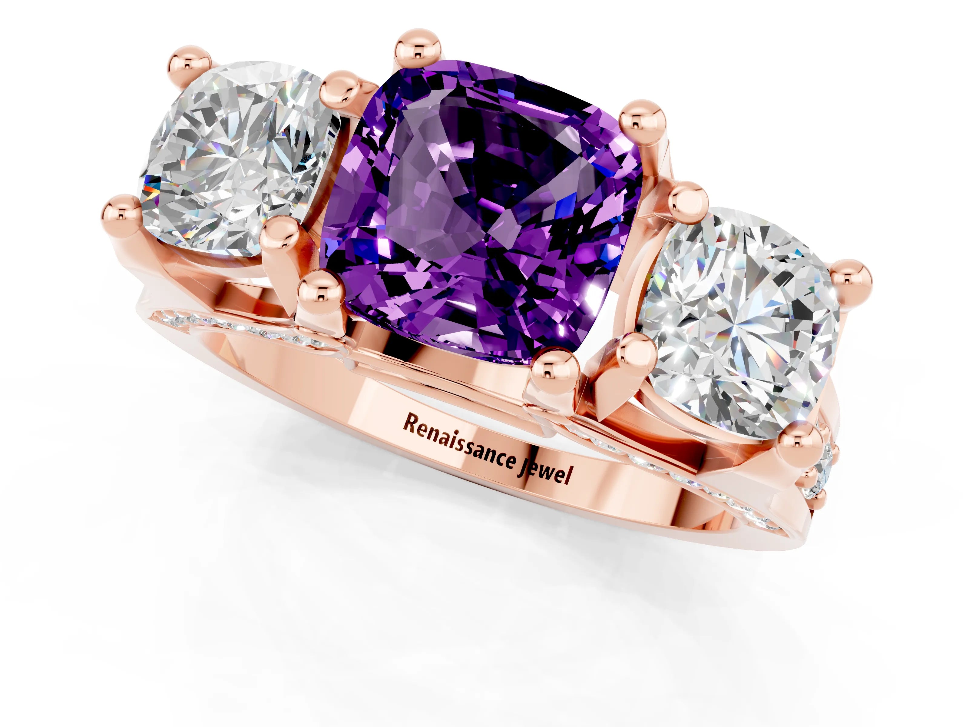 Rose gold Cushion Cut Amethyst Three-Stone Ring with Channel Set Band and Four-Prong Setting_1