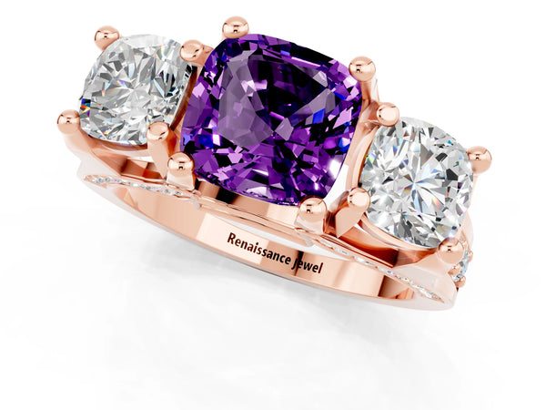 Rose gold Cushion Cut Amethyst Three-Stone Ring with Channel Set Band and Four-Prong Setting