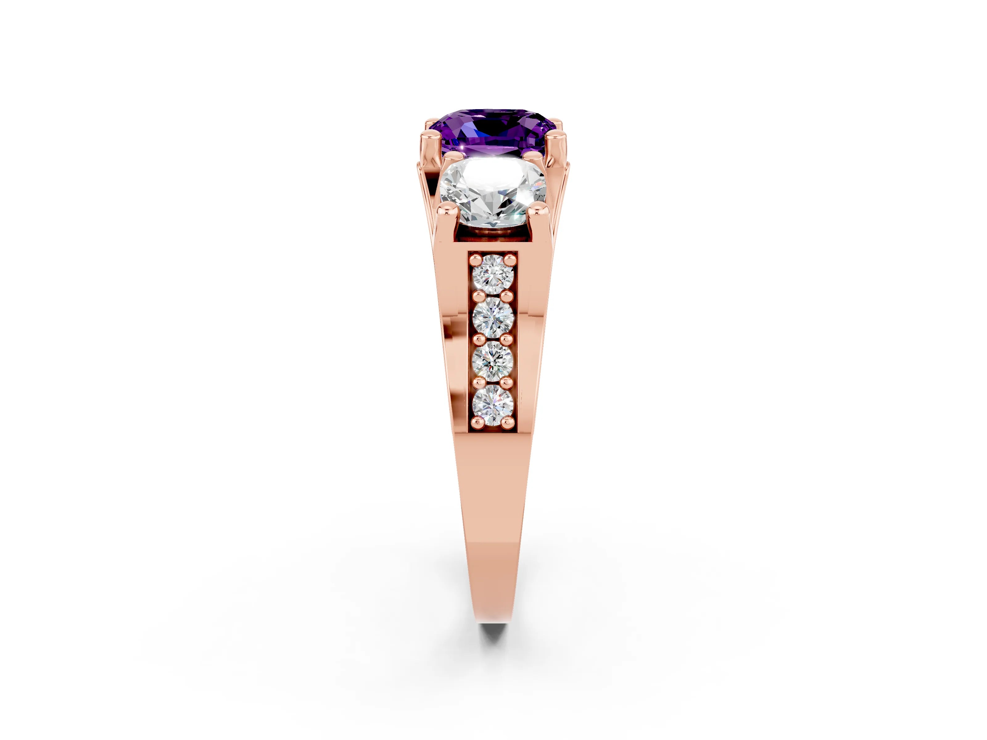 Rose gold Cushion Cut Amethyst Three-Stone Ring with Channel Set Band and Four-Prong Setting_2