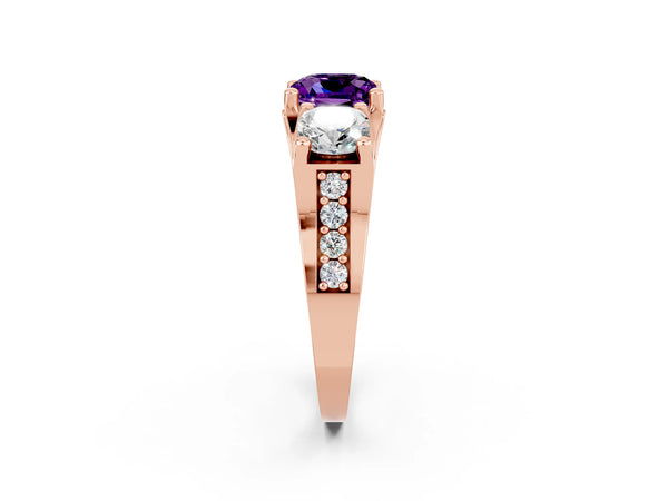 Rose gold Cushion Cut Amethyst Three-Stone Ring with Channel Set Band and Four-Prong Setting