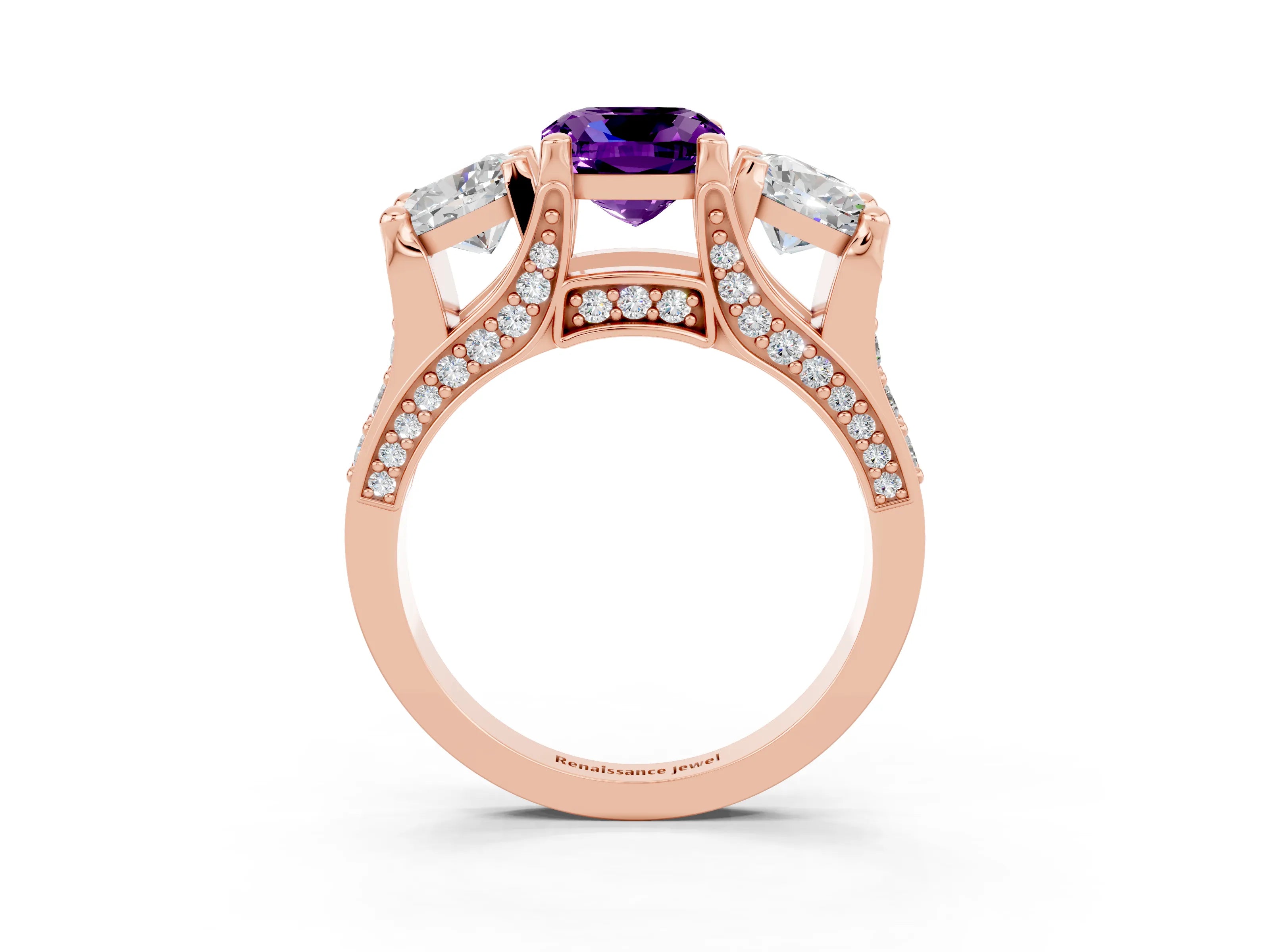 Rose gold Cushion Cut Amethyst Three-Stone Ring with Channel Set Band and Four-Prong Setting_3
