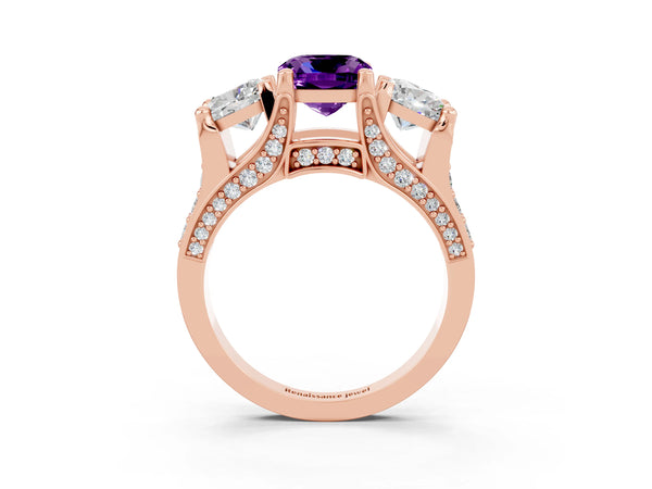 Rose gold Cushion Cut Amethyst Three-Stone Ring with Channel Set Band and Four-Prong Setting