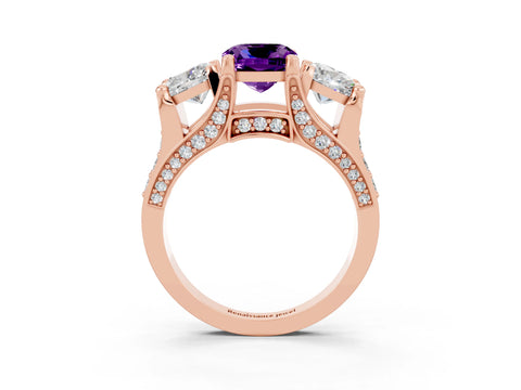 Rose gold Cushion Cut Amethyst Three-Stone Ring with Channel Set Band and Four-Prong Setting_3