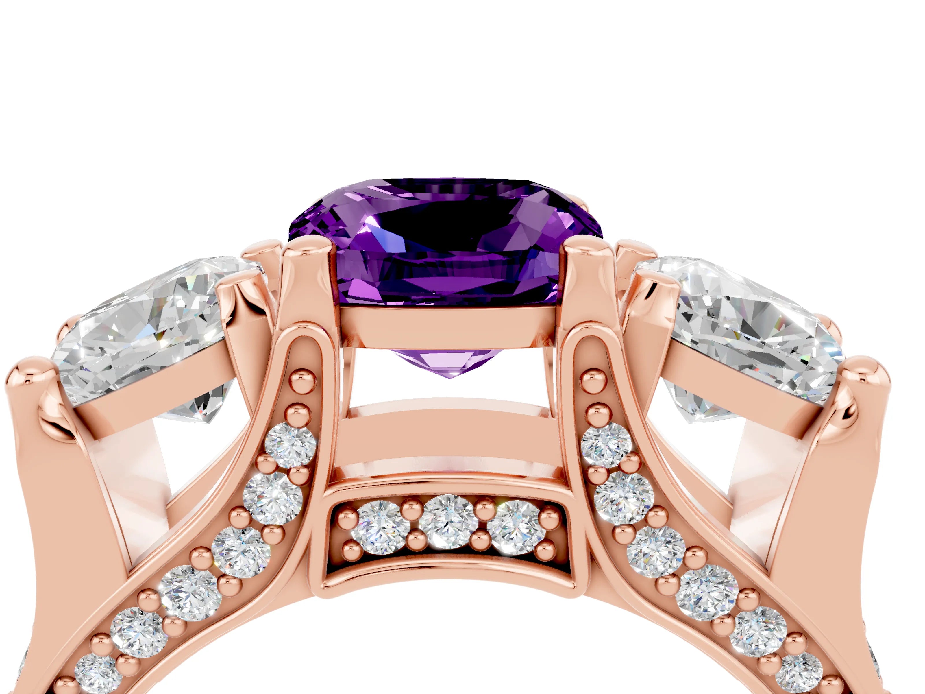 Rose gold Cushion Cut Amethyst Three-Stone Ring with Channel Set Band and Four-Prong Setting_4