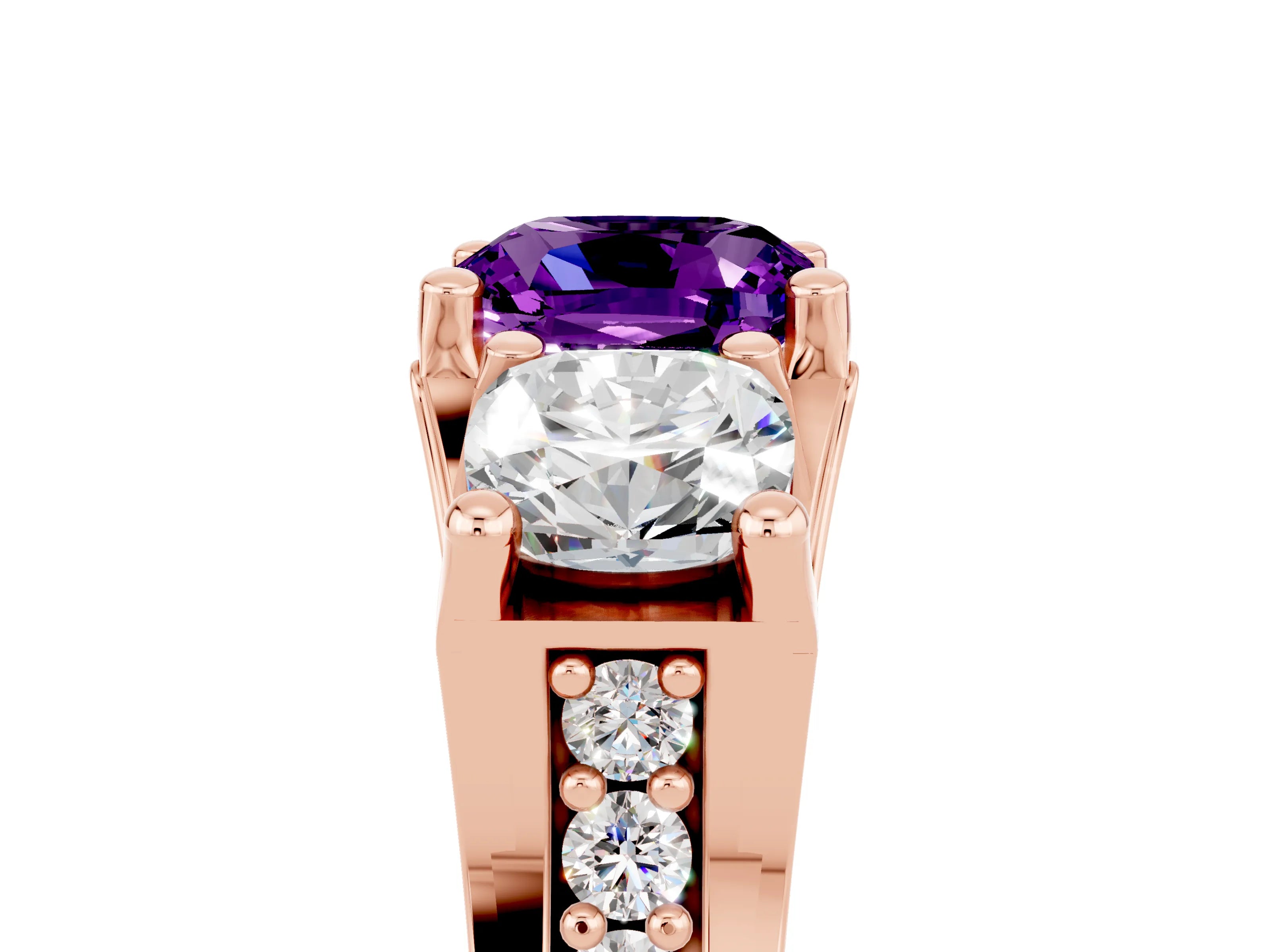 Rose gold Cushion Cut Amethyst Three-Stone Ring with Channel Set Band and Four-Prong Setting_5