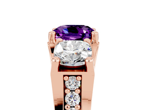 Rose gold Cushion Cut Amethyst Three-Stone Ring with Channel Set Band and Four-Prong Setting_5