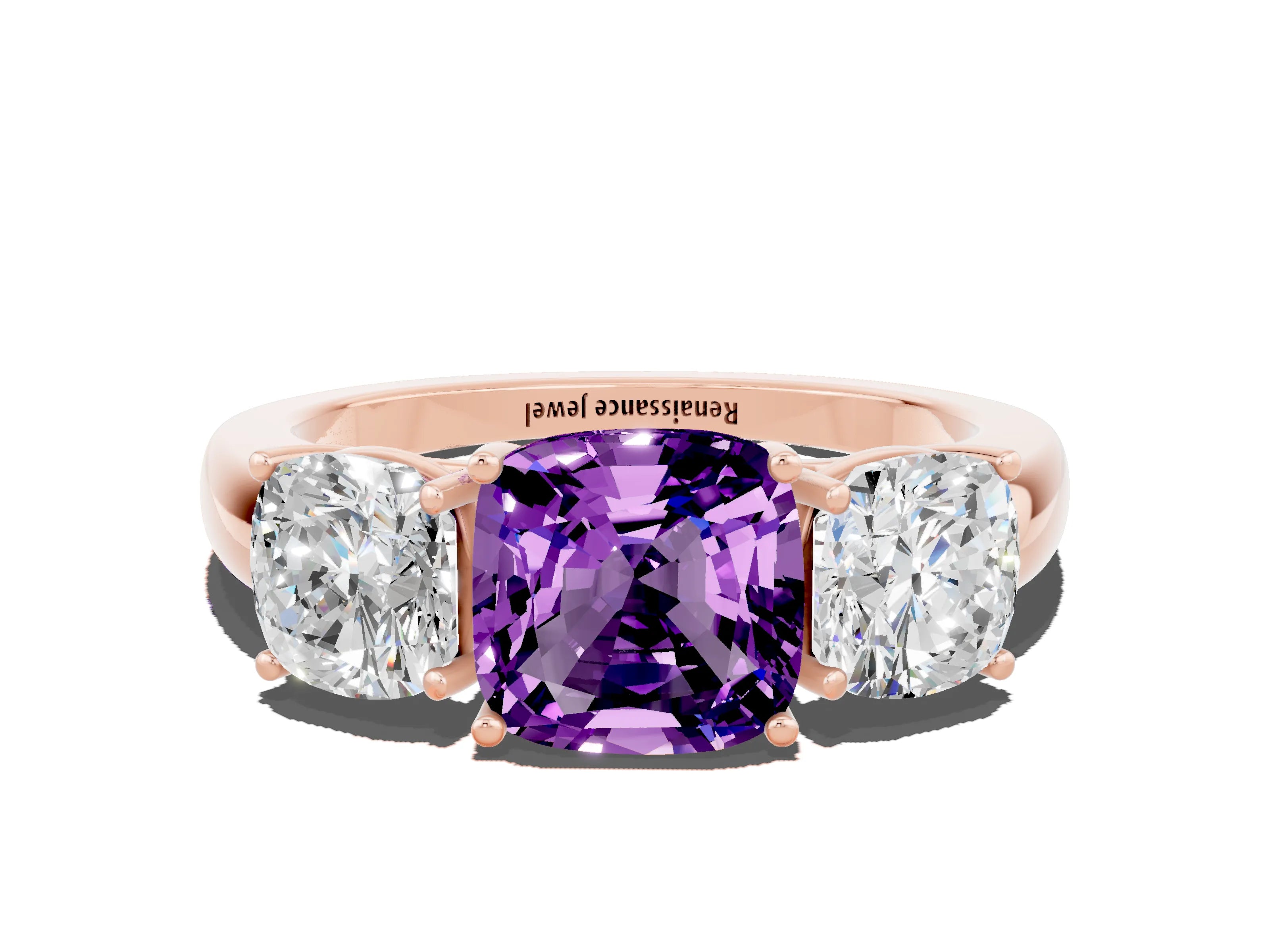 Rose gold Cushion Cut Amethyst Three-Stone Ring with Four-Prong Setting and Classic Band