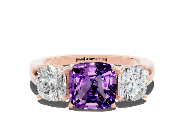 Rose gold Cushion Cut Amethyst Three-Stone Ring with Four-Prong Setting and Classic Band