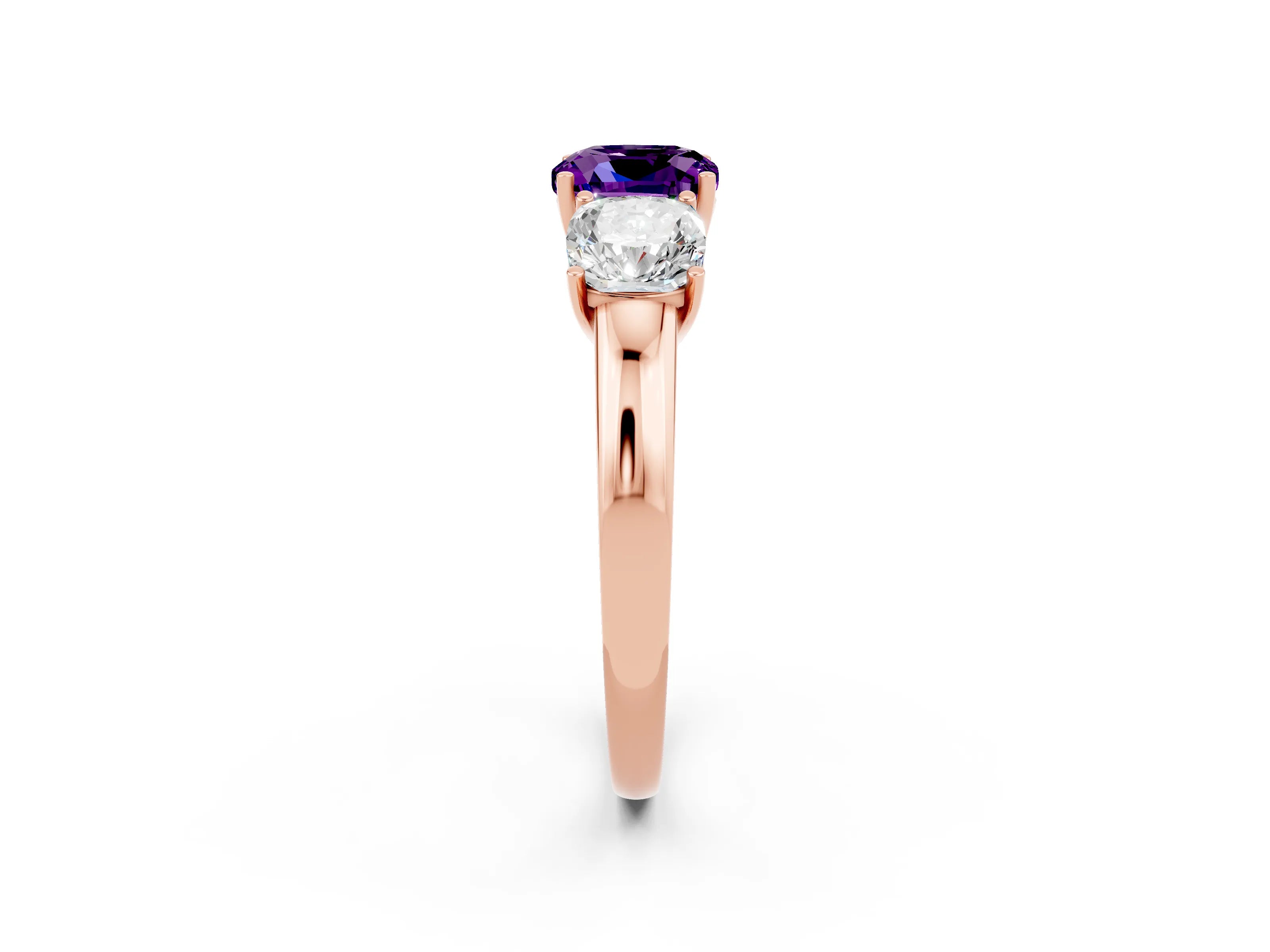 Rose gold Cushion Cut Amethyst Three-Stone Ring with Four-Prong Setting and Classic Band_2