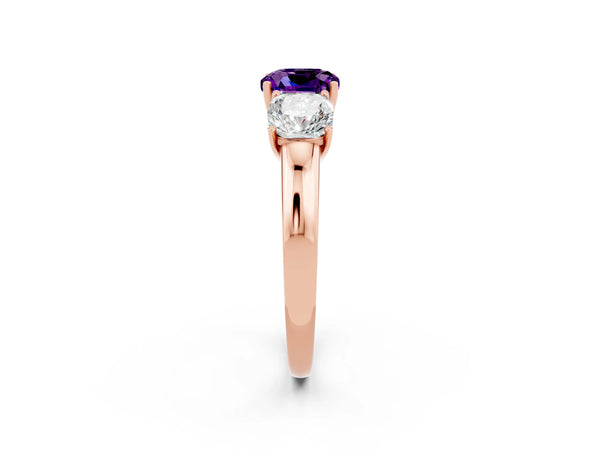 Rose gold Cushion Cut Amethyst Three-Stone Ring with Four-Prong Setting and Classic Band