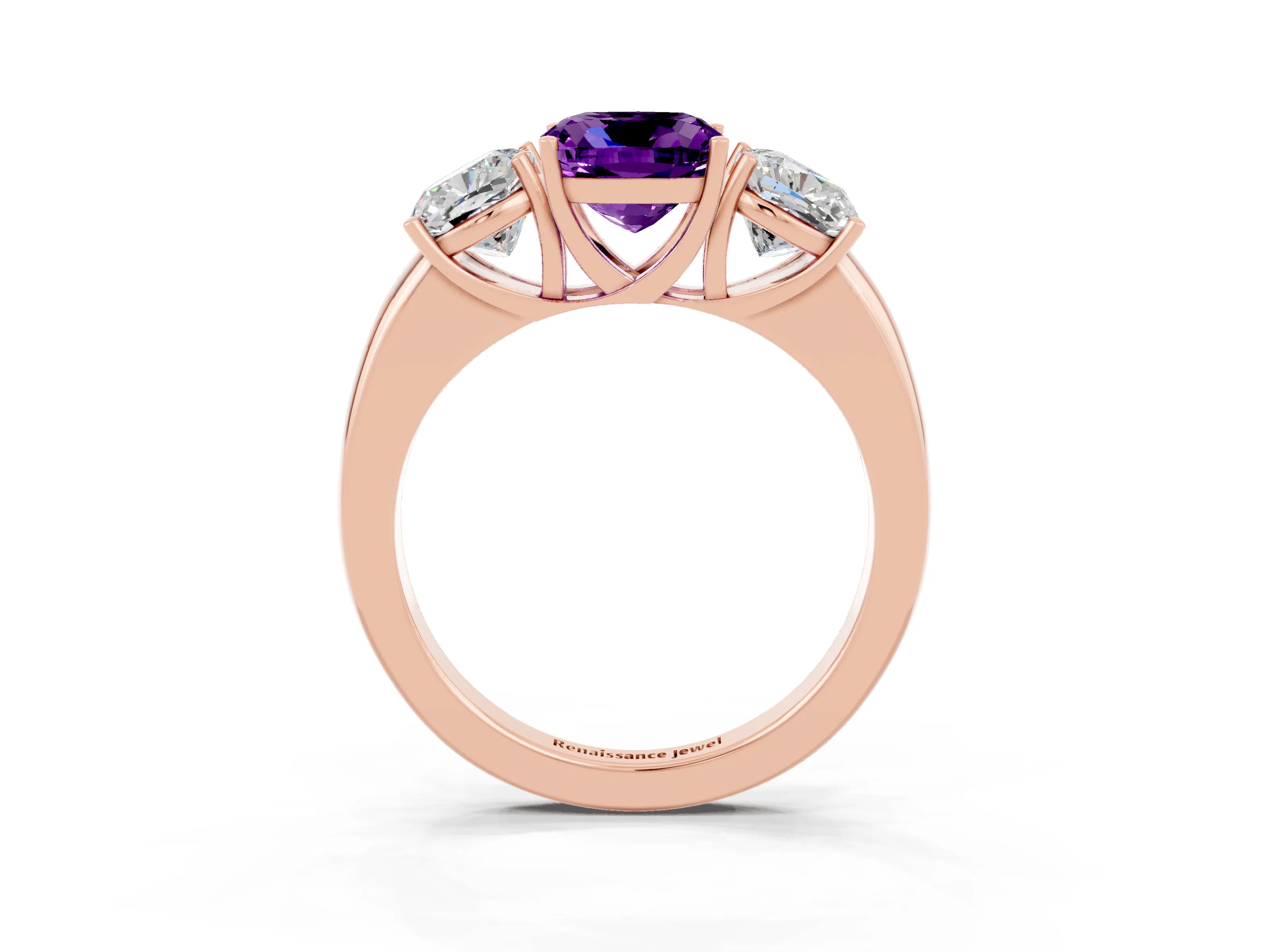 Rose gold Cushion Cut Amethyst Three-Stone Ring with Four-Prong Setting and Classic Band_3
