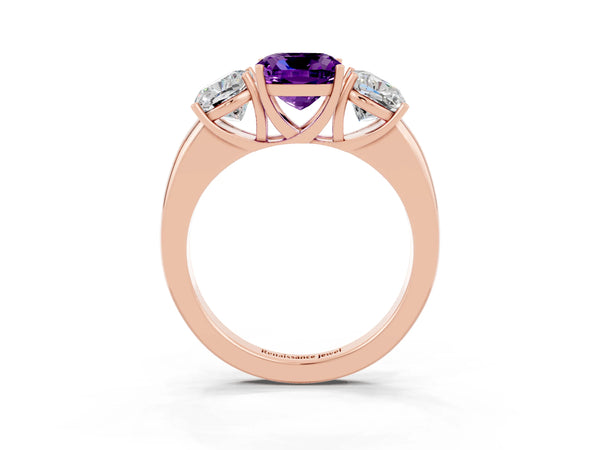 Rose gold Cushion Cut Amethyst Three-Stone Ring with Four-Prong Setting and Classic Band