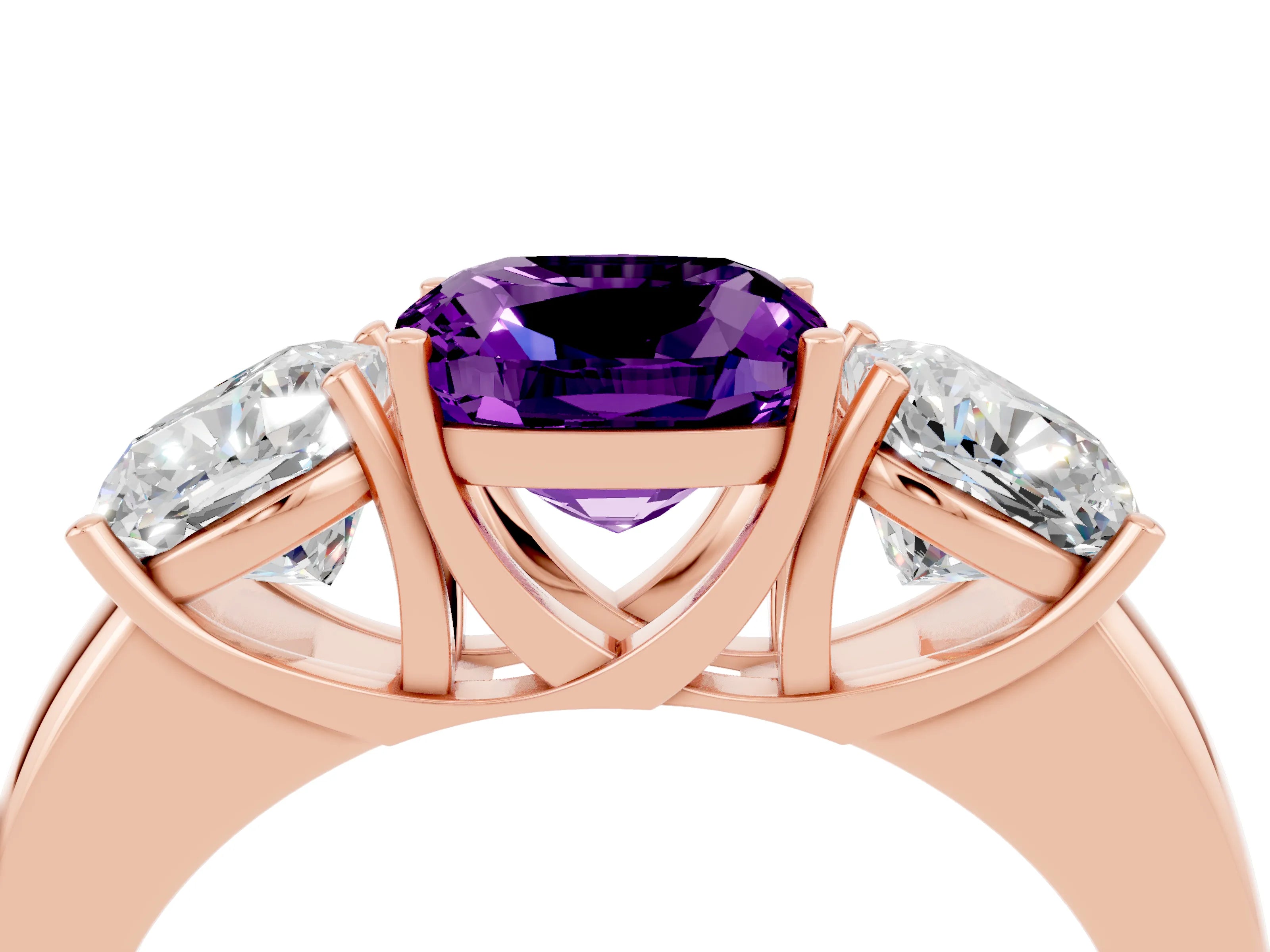 Rose gold Cushion Cut Amethyst Three-Stone Ring with Four-Prong Setting and Classic Band_4