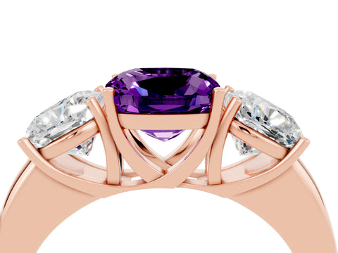 Rose gold Cushion Cut Amethyst Three-Stone Ring with Four-Prong Setting and Classic Band_4