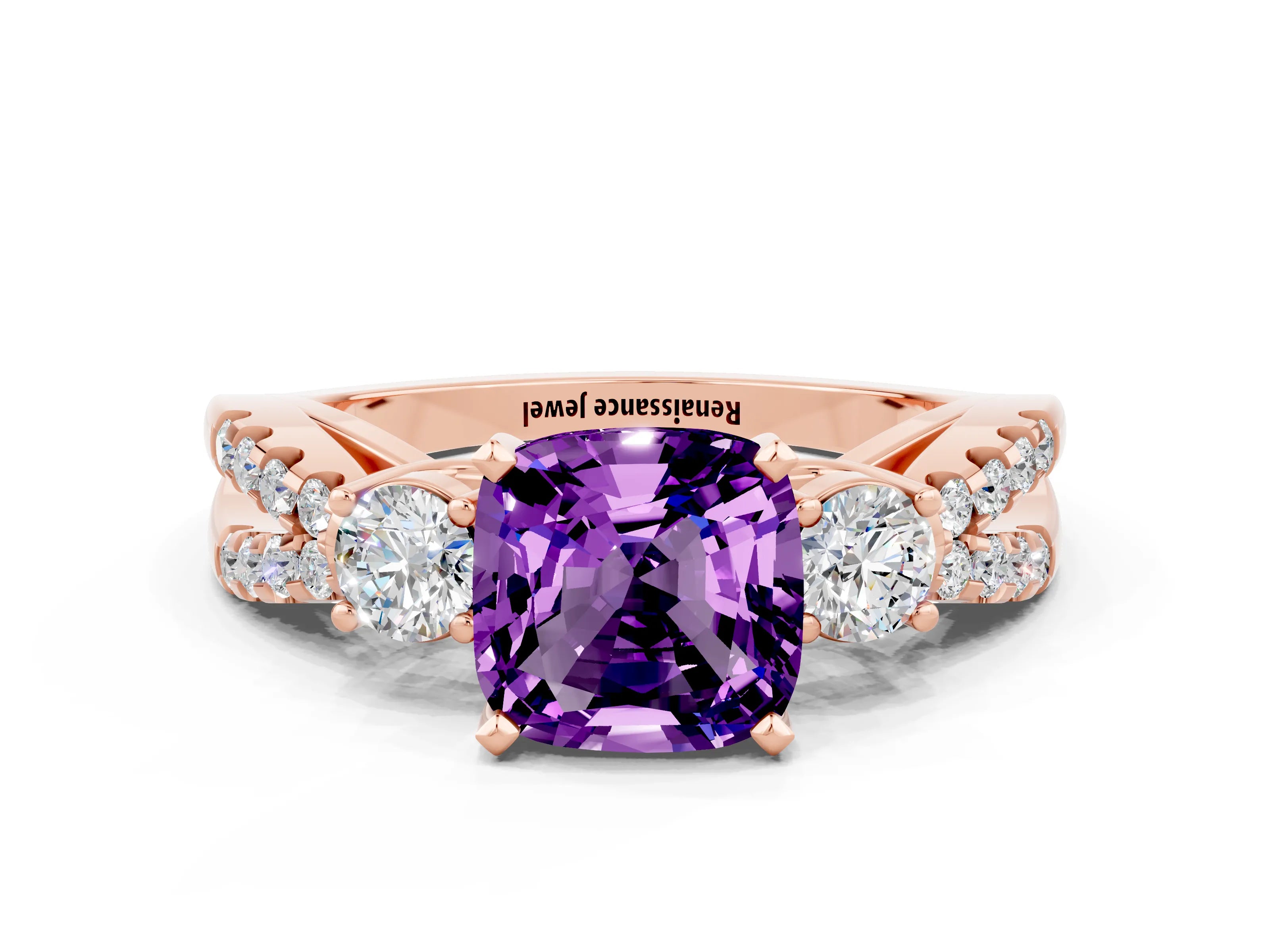 Rose gold Cushion Cut Amethyst Three-Stone Ring with Pavé Split Shank and Four-Prong Setting_12